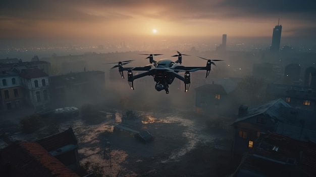 Un drone survole une ville au coucher du soleil.