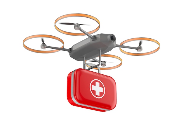 Drone avec trousse de premiers soins sur fond blanc Illustration 3d isolée