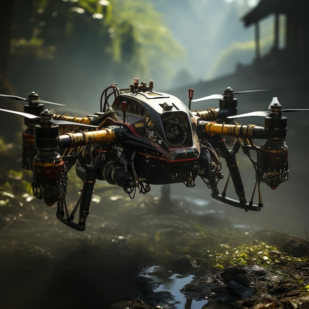 Photo un drone avec un tuyau pulvérisant sur une ferme