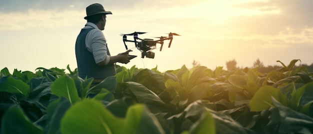 Drone volant au-dessus du champ disponible L'homme le contrôle depuis le sol sous l'IA générative