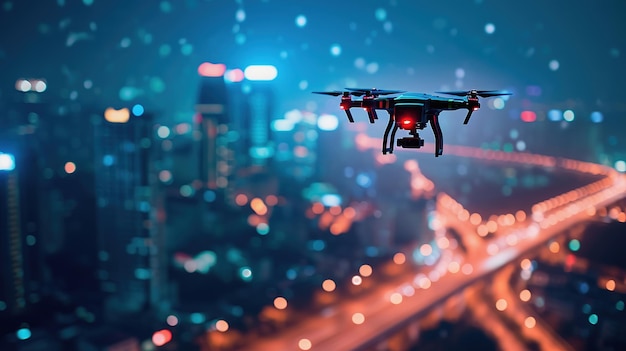 Drone volant au-dessus des lumières lumineuses de la ville la nuit