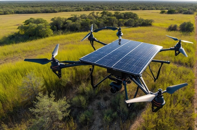 Drone volant au-dessus avec un panneau solaire attaché