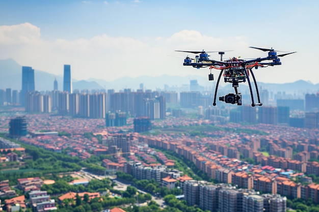 Drone volant au-dessus de la ville par une journée d'été