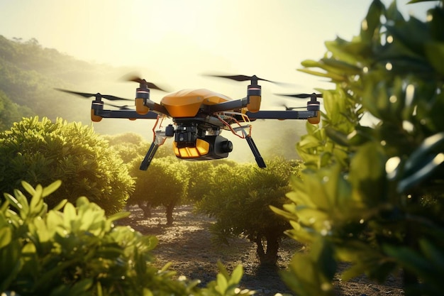 Drone volant dans le ciel avec des arbres en arrière-plan