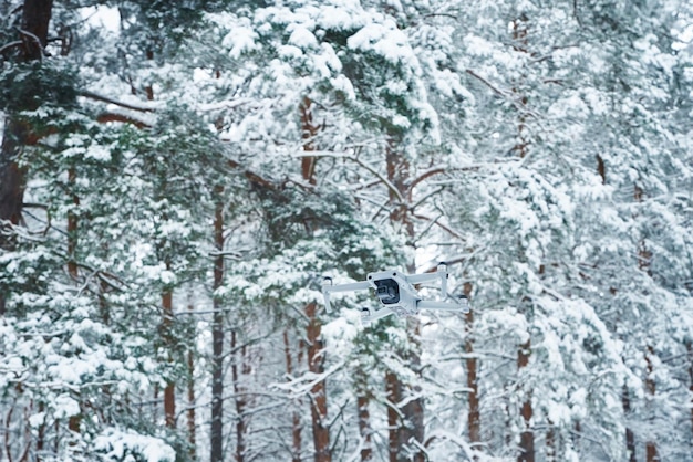 Drone volant dans la forêt d'hiver