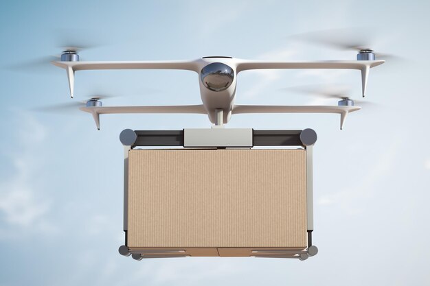 Un drone volant livre un colis. Vue de face. Service de livraison par avion