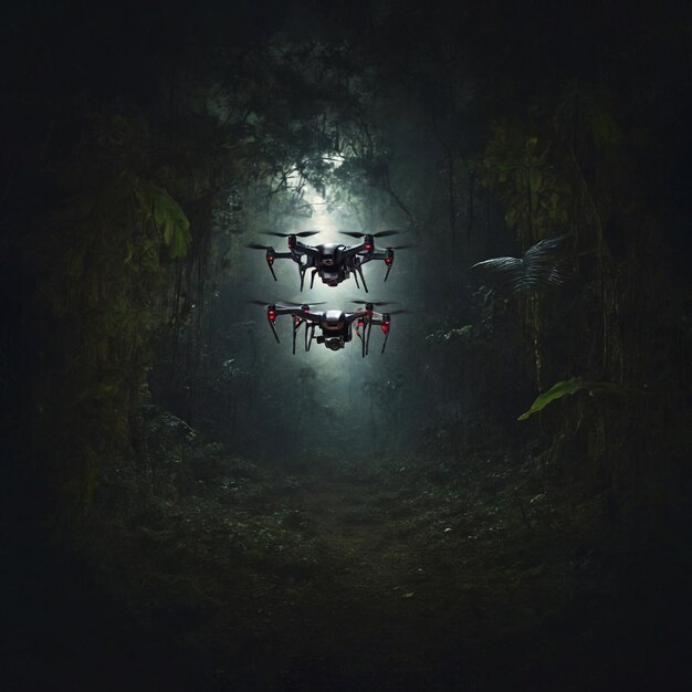 Photo un drone volant la nuit de l'intérieur d'une jungle