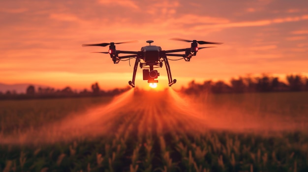 Drone volant et pulvérisant de l'engrais sur les champs agricoles au coucher du soleil