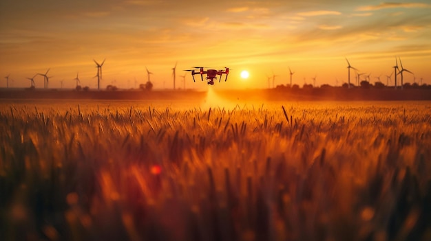 Drone volant et pulvérisant de l'engrais sur les champs agricoles pendant le beau coucher de soleil et le vent.