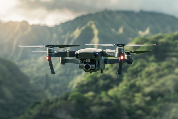 Un drone vole au-dessus d'une forêt verte et luxuriante