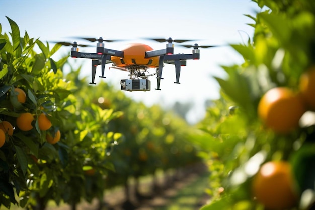 Un drone vole dans un champ d'orangers.