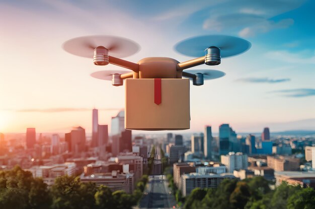 Photo un drone vole dans la ville pour livrer des commandes dans une boîte en carton.