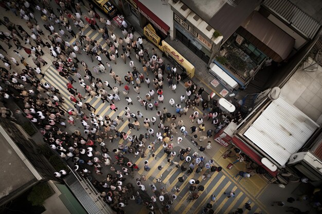 Photo le drone vole haut, capturant une vue plongeante sur la foule rassemblée en contrebas.