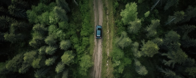 Un drone vue de dessus d'une voiture rouge sur une route sinueuse entourée d'une végétation luxuriante