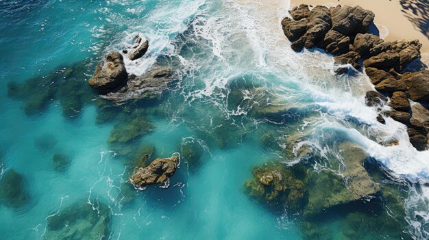 drone vue d'une plage sereine avec des palmiers et de l'eau cristalline