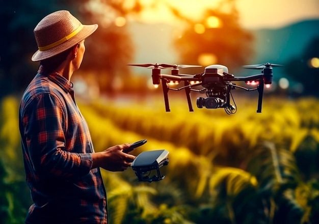 Des drones agricoles pulvérisent des engrais dans les rizières concept de ferme intelligente généré par ai