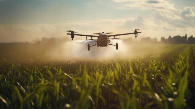 Photo les drones agricoles pulvérisent des produits chimiques sur les champs.