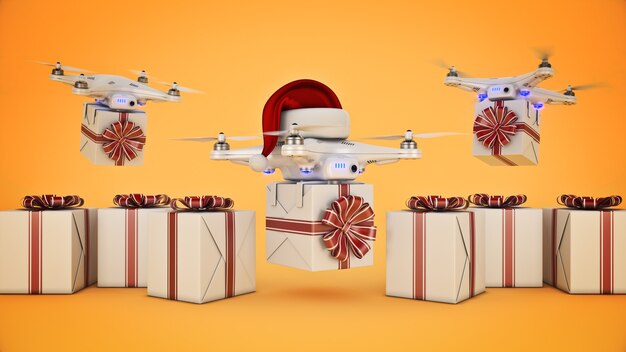 Drones avec chapeau de père Noël offrant des cadeaux de Noël rendu 3d