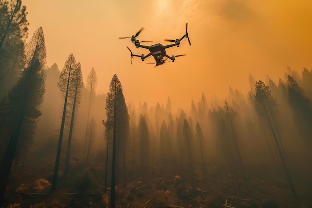 Drones travaillant ensemble pour éteindre un feu de forêt d'en haut créé avec une IA générative
