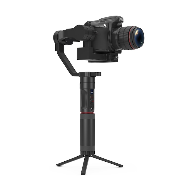 DSLR ou système de trépied de stabilisation de cardan de caméra vidéo sur un fond blanc. Rendu 3D