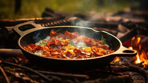 Photo du bacon et des œufs cuits dans une poêle en fonte pour un petit-déjeuner de camping rustique