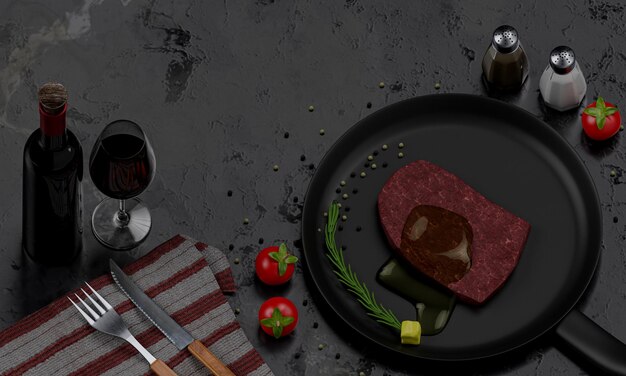 Photo du bœuf frais pour les steaks avec de l'huile d'olive sur le dessus placé sur une casserole en téflon assaisonnement de poivre blanc et poivre noir décoré de tomates cerises table en marbre noir il y a un couteau et une fourchette rendering 3d