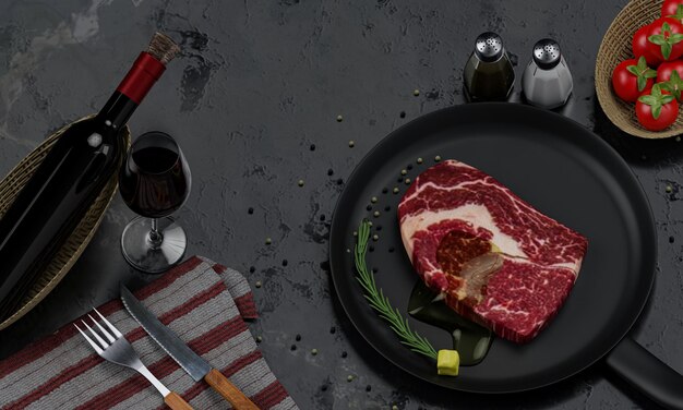 Photo du bœuf frais pour les steaks avec de l'huile d'olive sur le dessus placé sur une casserole en téflon assaisonnement de poivre blanc et poivre noir décoré de tomates cerises table en marbre noir il y a un couteau et une fourchette rendering 3d