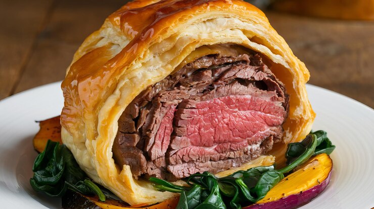 Photo du bœuf wellington avec des pâtisseries dorées et des légumes