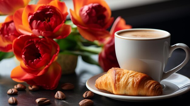 Photo du café et des croissants sur la table papier peint hd 8k image photographique