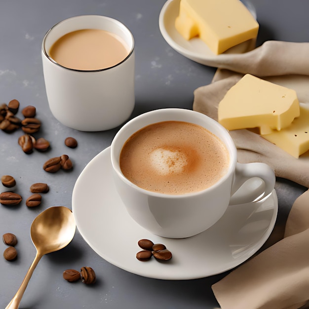 Photo du café et du café avec des grains de café et des graines de café sur une table