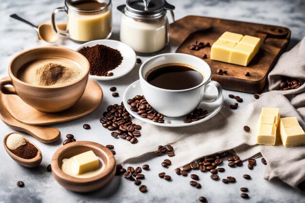 du café et du café sur une table avec du café et des grains de café