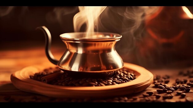 Photo du café frais cuit à la vapeur sur une table en bois se bouchent avec des grains de café