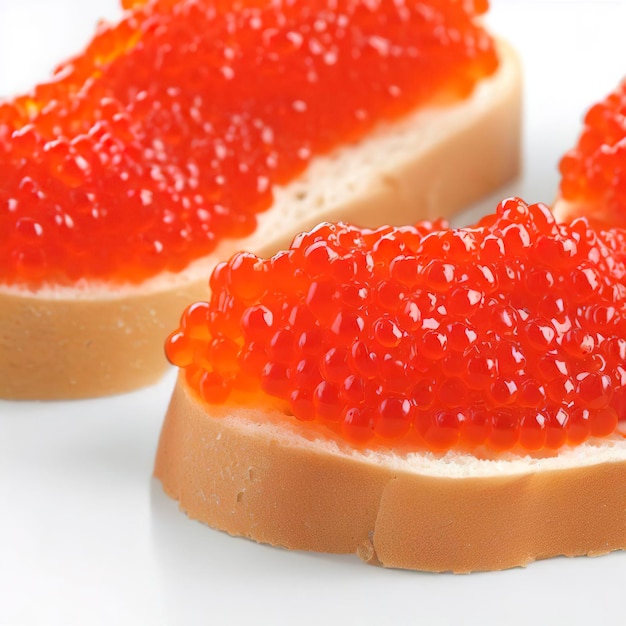 Du caviar rouge sur un fond blanc, des sandwichs avec du caviar.