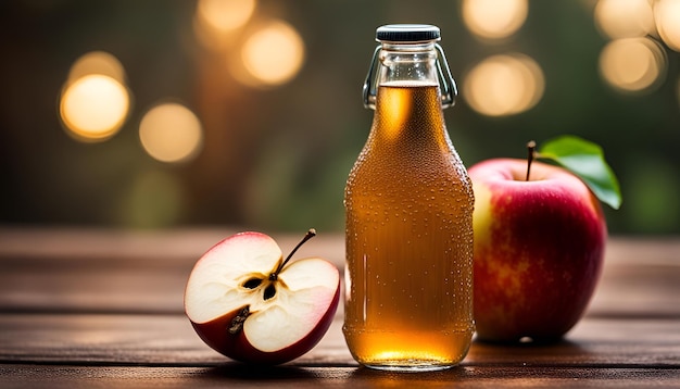 Photo du cidre de pomme dans une bouteille de verre avec des gouttes d'eau.