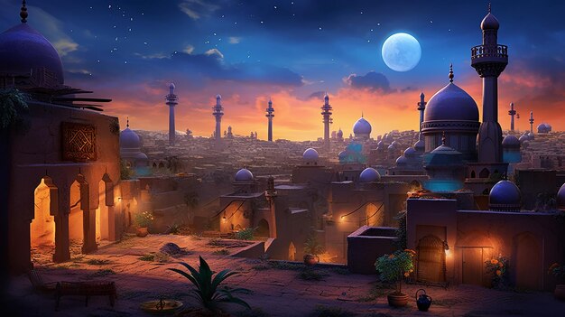Photo du crépuscule à l'aube, l'éclat d'une gamme éblouissante de ramadan.