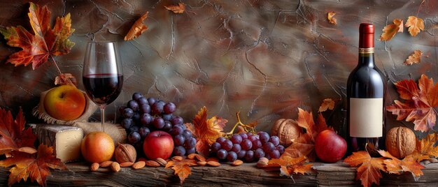 Avec du fromage, des amandes, des raisins et du vin rouge sur un sac sur un fond de feuilles d'automne et de murs de bois.