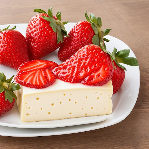 Du fromage avec des fraises sur une assiette sur une table en bois