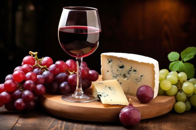 Du fromage et des raisins avec des verres de vin rouge sur une planche de bois