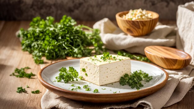 Du fromage tofu frais avec du persil dans la cuisine.