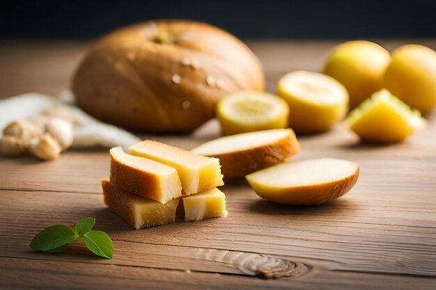 Du fromage tranché sur une table en bois.