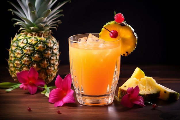 Du jus d'ananas dans un pot en verre avec une tranche d'anananas sur le bord