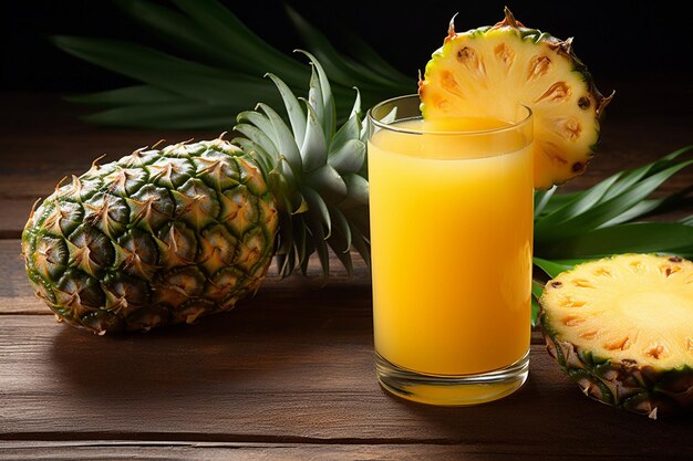 Du jus d'ananas dans un pot en verre avec une tranche d'anananas sur le bord