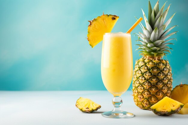 Du jus d'ananas dans un pot en verre avec une tranche d'anananas sur le bord