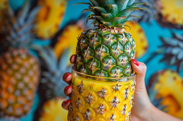 Photo du jus d'ananas avec un décor de maison suspendu à un mur vibrant