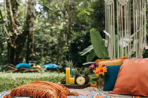 Du jus d'ananas avec un ensemble de macrames colorés boho chic