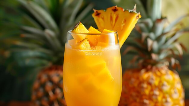 Du jus d'ananas frais dans un verre avec des morceaux d'anananas Des tranches d' ananas sur le bord Un fond flou avec des ananas