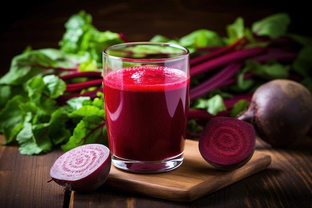 Du jus de betterave rouge dans un verre sur un fond en bois