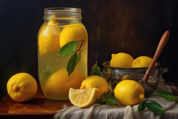 Du jus de citron fraîchement pressé dans un pot en verre créé avec de l'AI générative