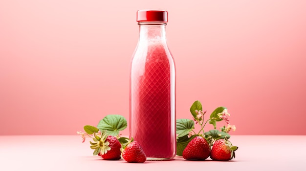 Du jus de fraise dans une bouteille sur un fond rose