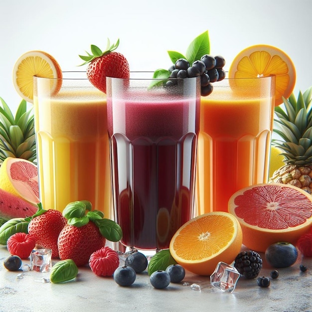 Photo du jus avec des fruits sur la table.